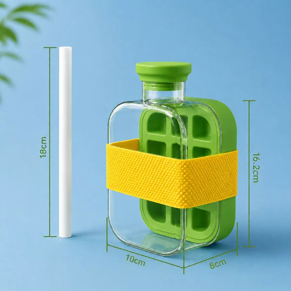 Leakproof Green Ice Cube Tray Bottle with Straw & Silicone Sleeve