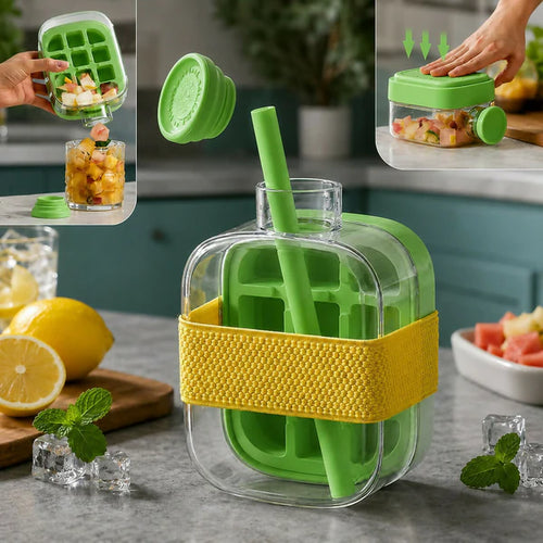 Leakproof Green Ice Cube Tray Bottle with Straw & Silicone Sleeve