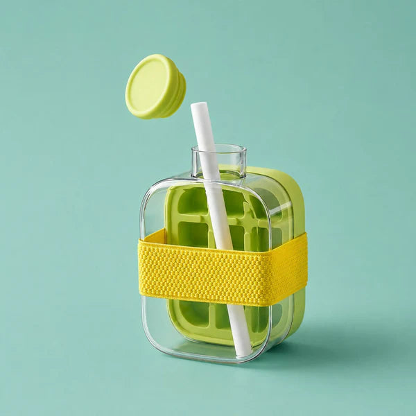 Leakproof Green Ice Cube Tray Bottle with Straw & Silicone Sleeve